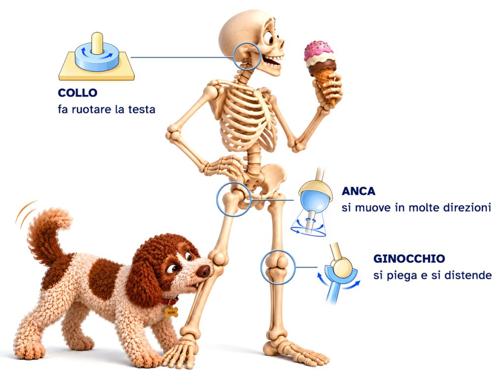 Illustrazione delle articolazioni del corpo umano: il ginocchio si piega e si distende, l'anca si muove in più direzioni e il collo permette di ruotare la testa.