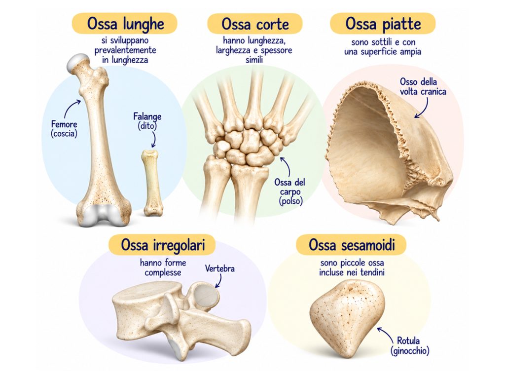 Illustrazione dei cinque tipi di ossa del corpo umano: lunghe, corte, piatte, irregolari e sesamoidi, con esempi anatomici.