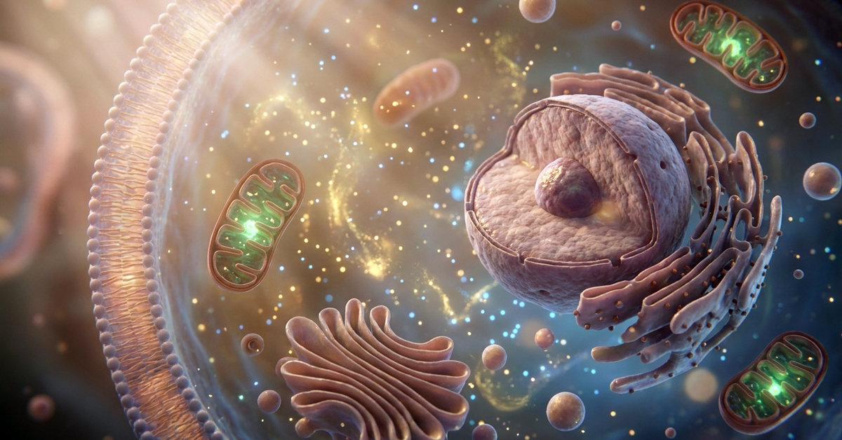 struttura di una cellula umana con membrana plasmatica, citoplasma e organuli visibili come nucleo, mitocondri e apparato di Golgi