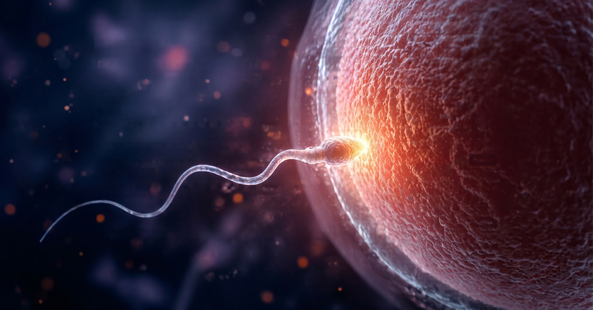 Spermatozoo che entra in contatto con un ovulo durante la fecondazione, rappresentazione realistica e ravvicinata