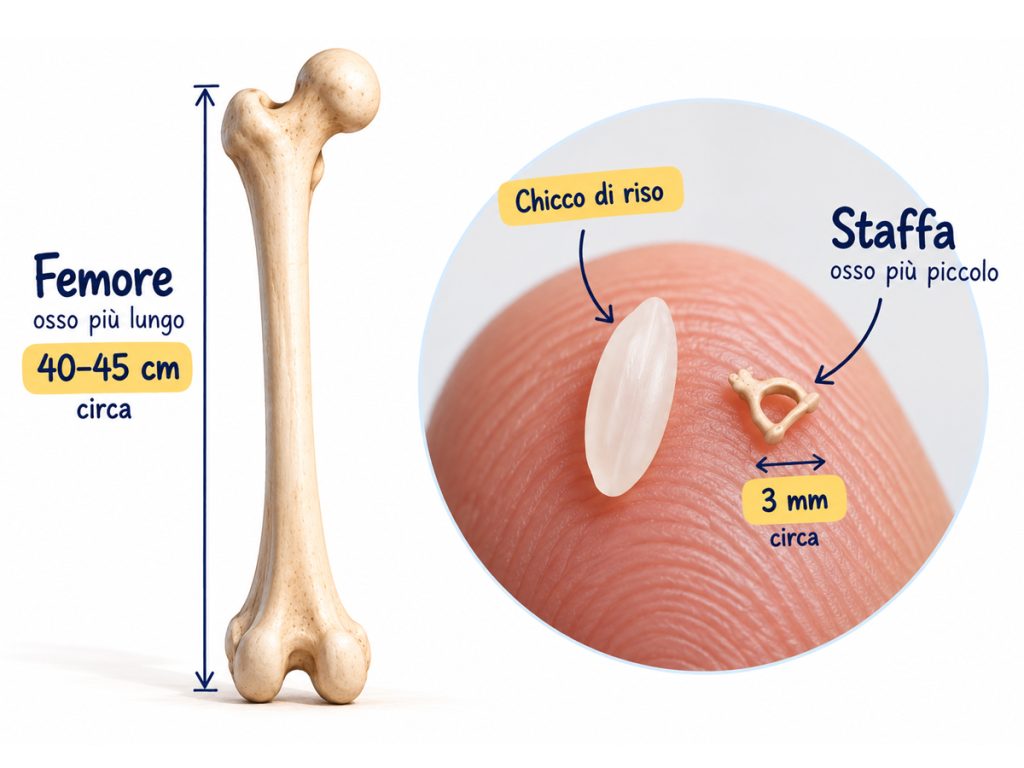 Confronto tra il femore, l'osso più lungo del corpo umano (40–45 cm circa), e la staffa, il più piccolo (circa 3 mm), mostrata su un polpastrello accanto a un chicco di riso.