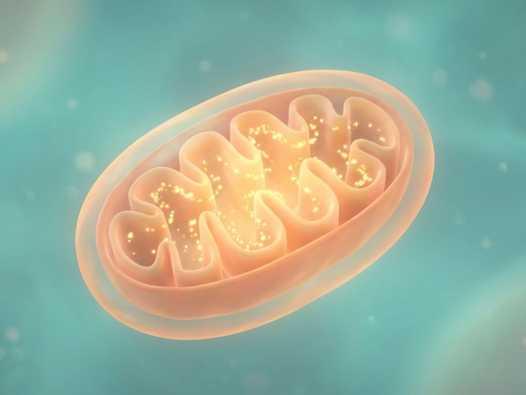 Illustrazione di un mitocondrio con struttura interna piegata, sede della produzione di energia cellulare