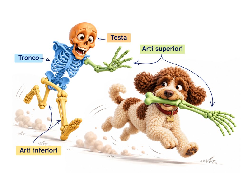 Illustrazione delle quattro regioni dello scheletro umano: testa, tronco, arti superiori e inferiori, con uno scheletro che insegue un cane.