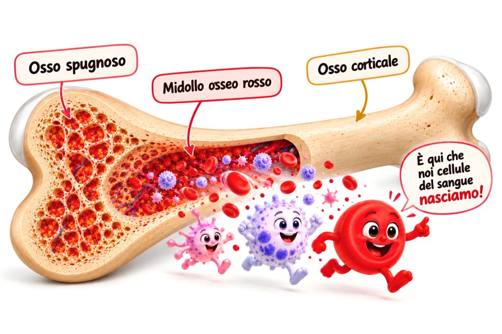 Illustrazione in sezione di un osso lungo con tessuto osseo compatto, osso spugnoso e midollo osseo rosso, da cui emergono personaggi che rappresentano le cellule del sangue.